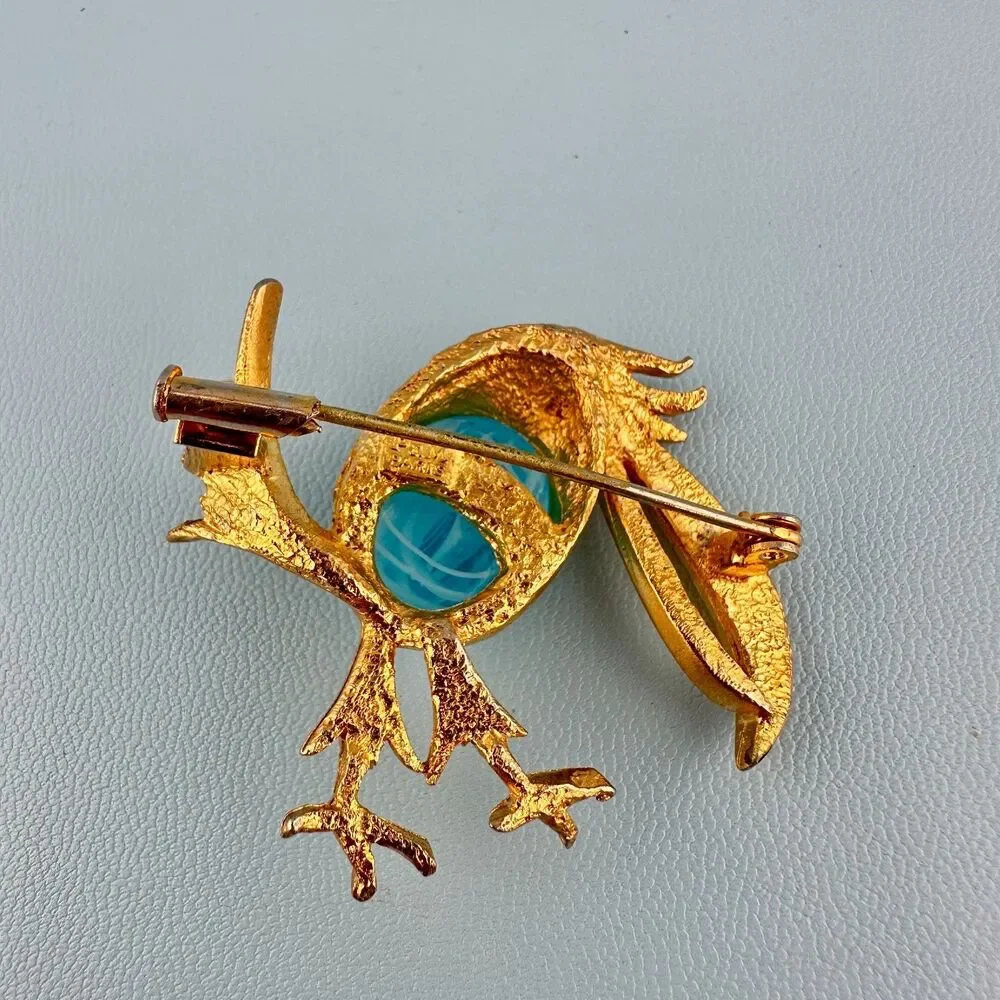 Vintage P&M Paris Bird Brooch Blue Art Glass Belly Rhinestone Eye Tube Hinge